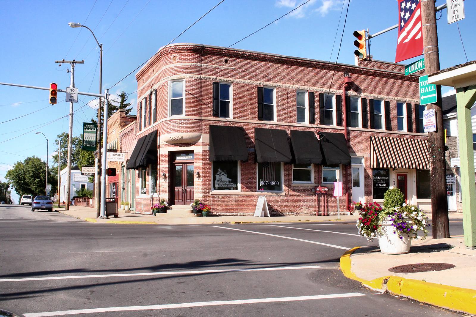 The historic bank building in downtown Westfield, Indiana, at Main and Union streets.